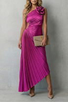Damen One Shoulder Plissee Maxikleid Blumendetail - Image 5