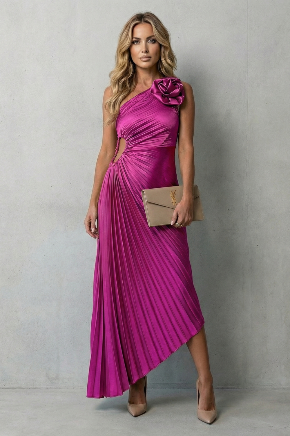 Damen One Shoulder Plissee Maxikleid Blumendetail - Image 6
