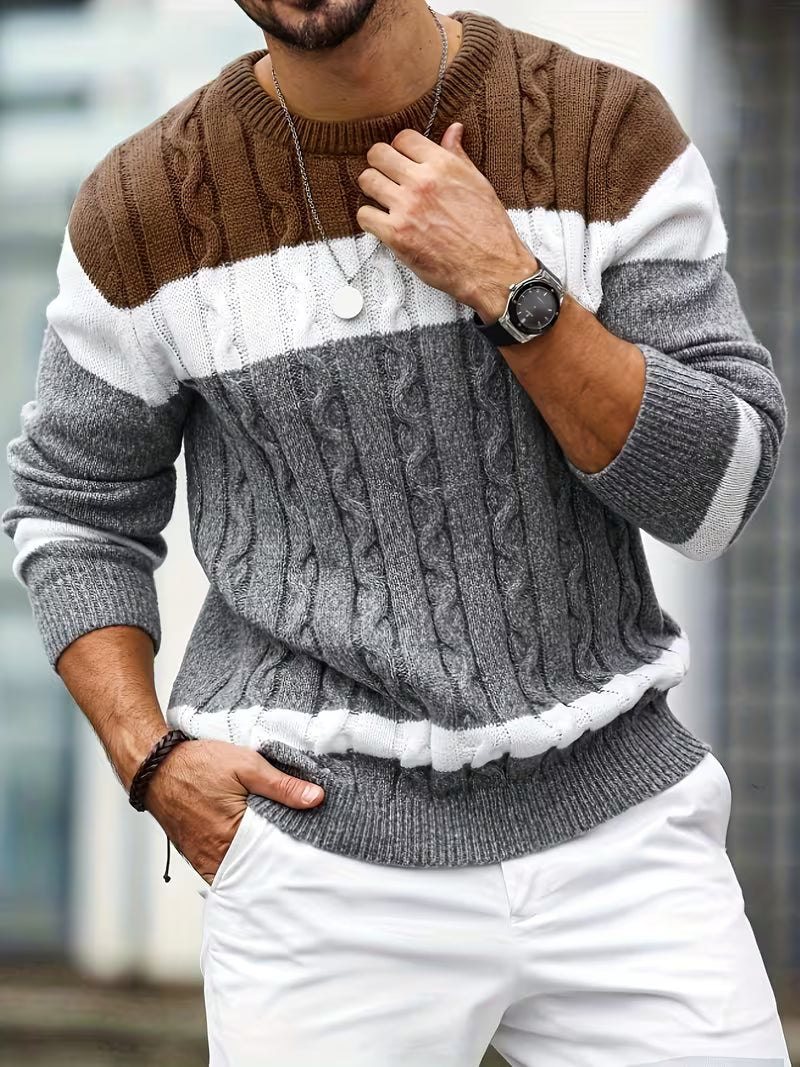 Herren Kabelstrickpullover Colorblock Rundhals