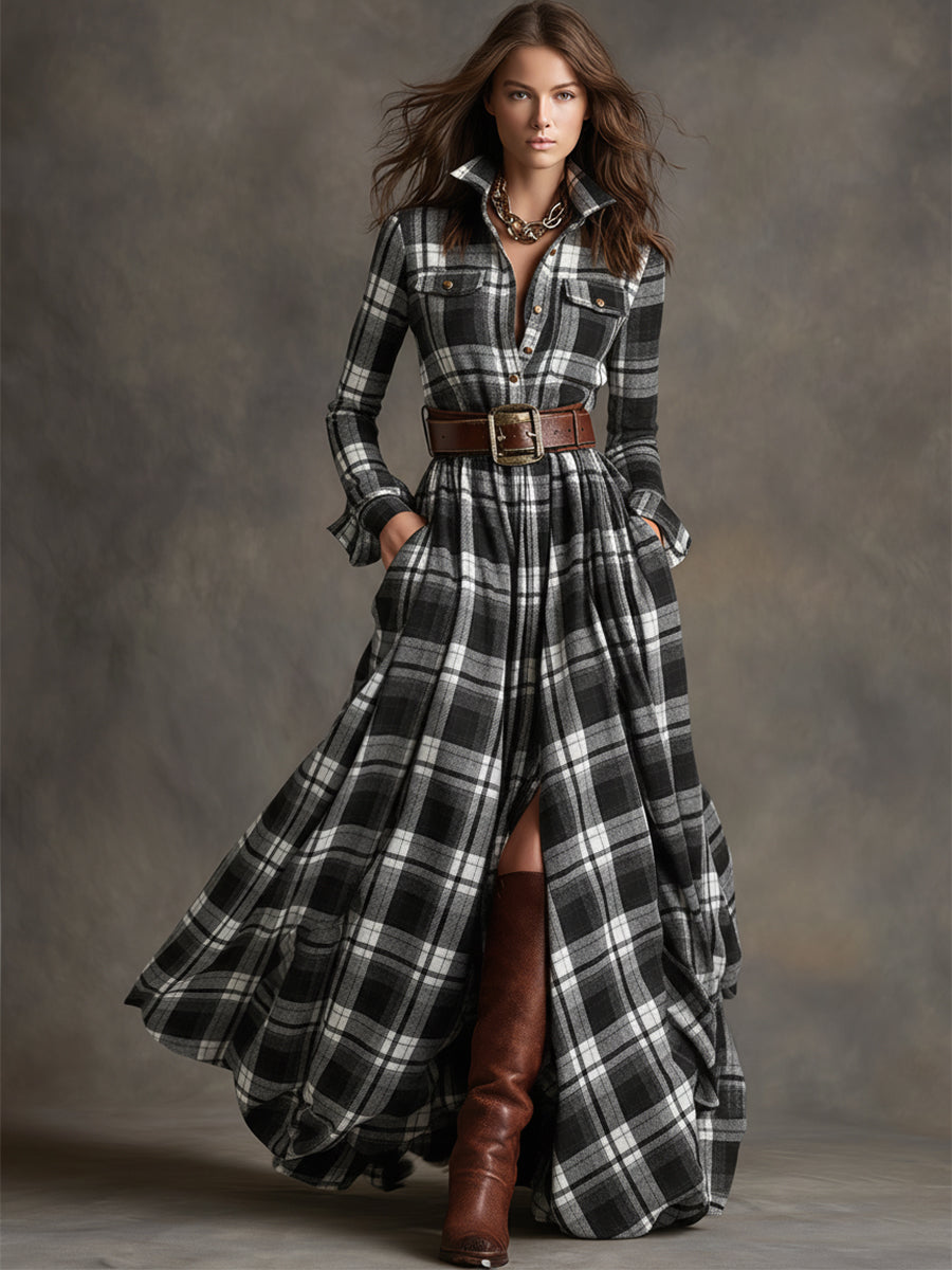 Damen Kariert Maxi Kleid Retro Ethno Stil - Image 11