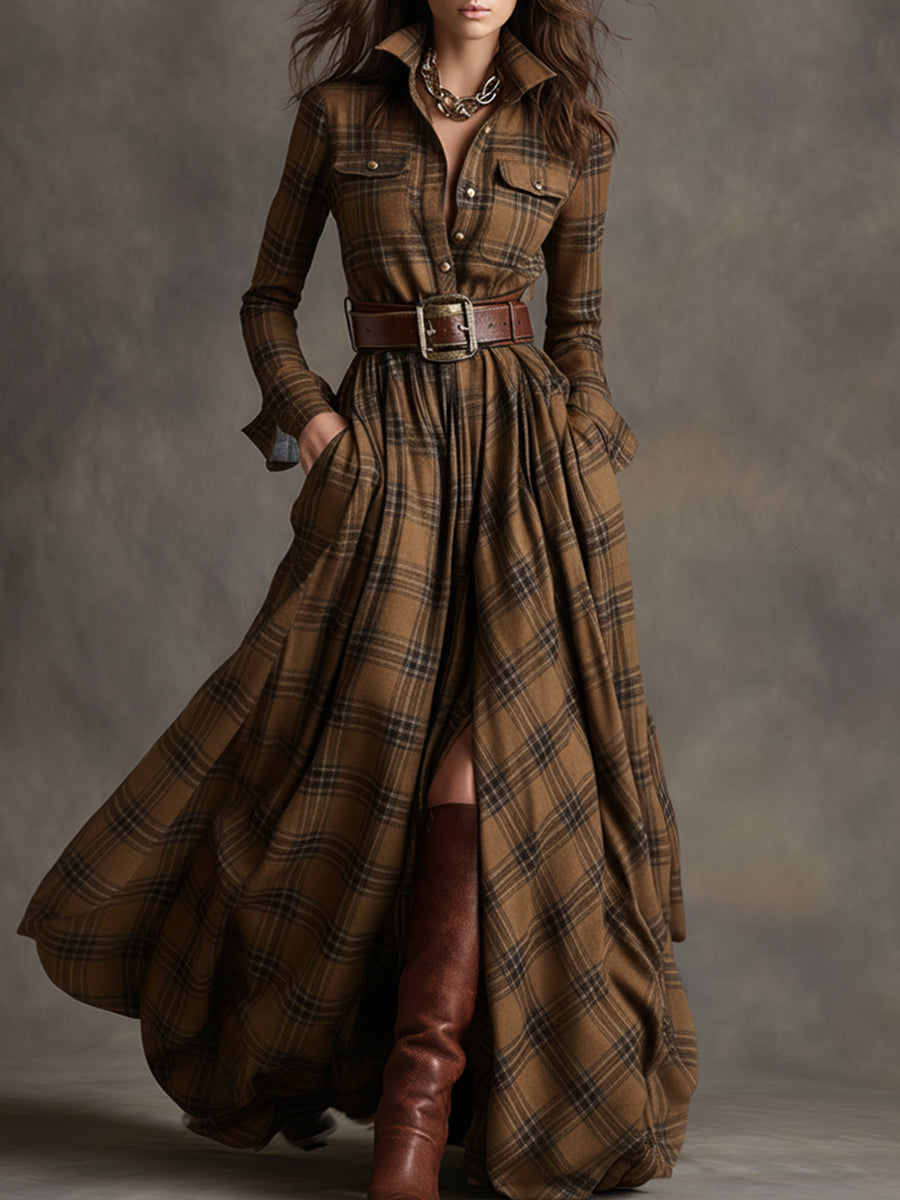 Damen Kariert Maxi Kleid Retro Ethno Stil - Image 3