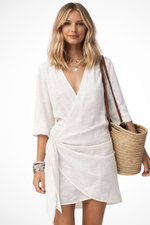 Vesirra – Vestido mini cruzado feminino com cinto de amarrar e mangas curtas