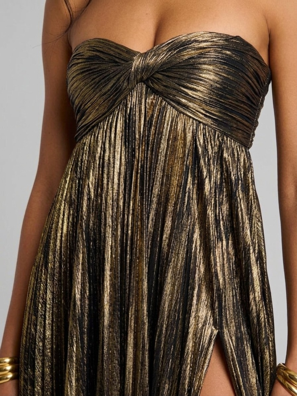 Damen Abendkleid lang Plissee Metallisch Bustier Schlitz - Image 9
