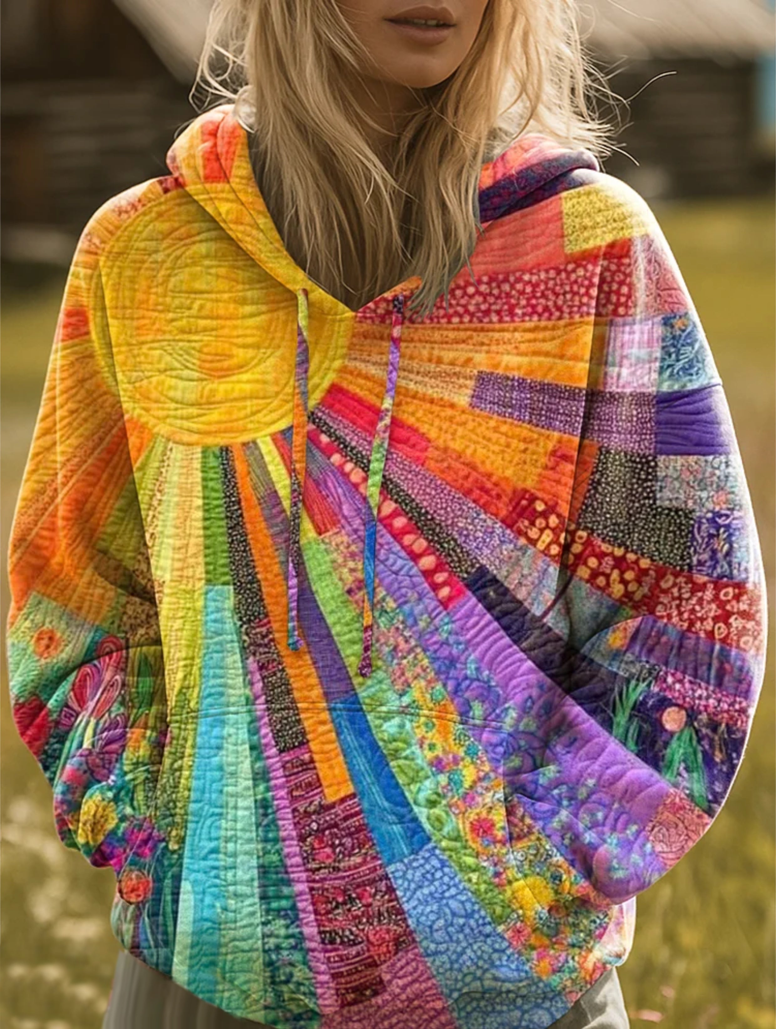 Damen Vintage Patchwork Hoodie Boho Oversized Kapuzenpullover