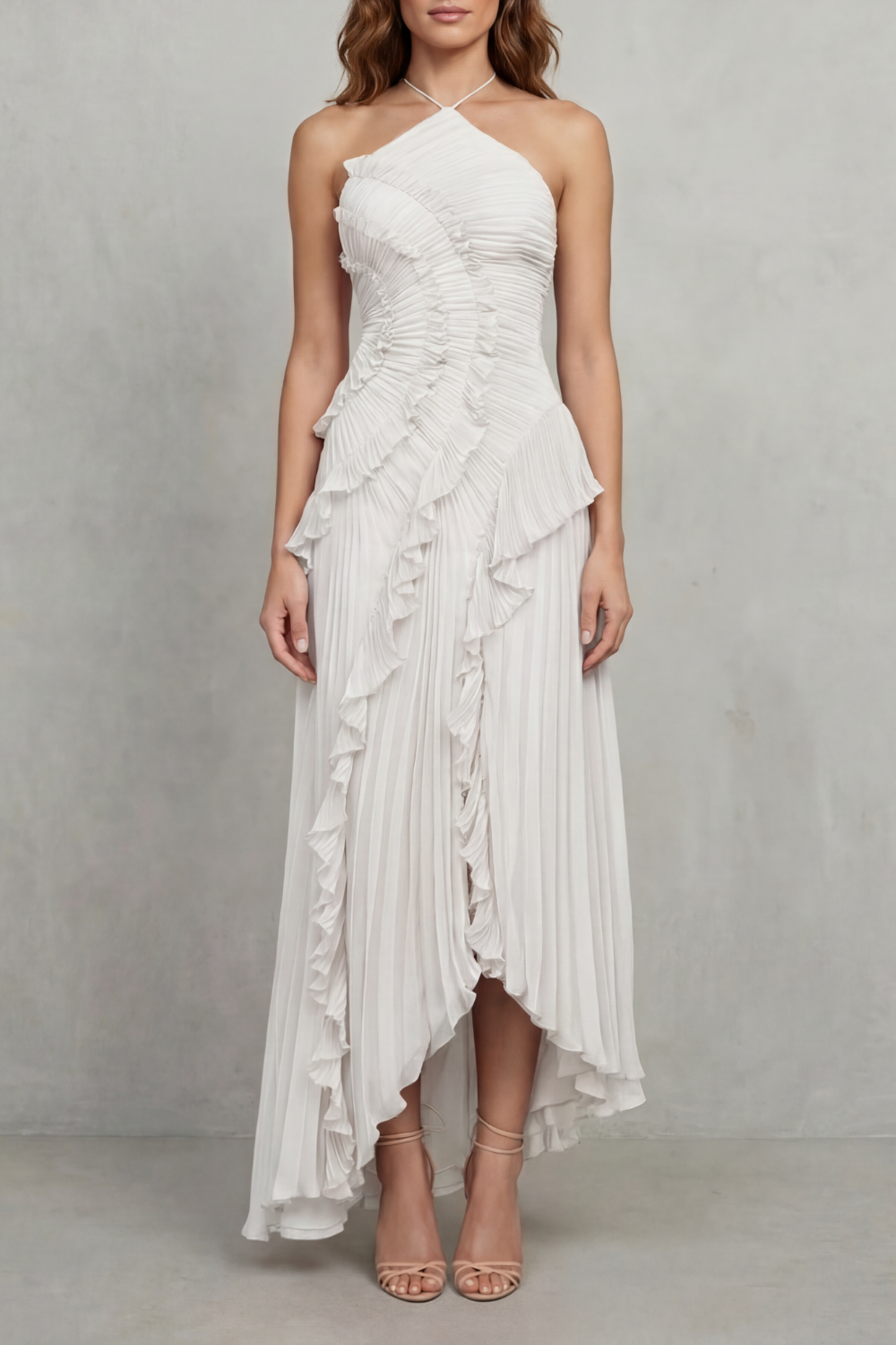 Damen Midi Kleid One-Shoulder Plissee - Image 5