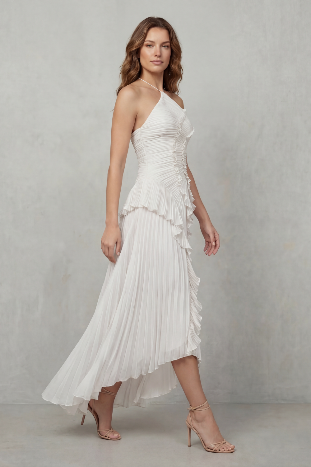 Damen Midi Kleid One-Shoulder Plissee - Image 7