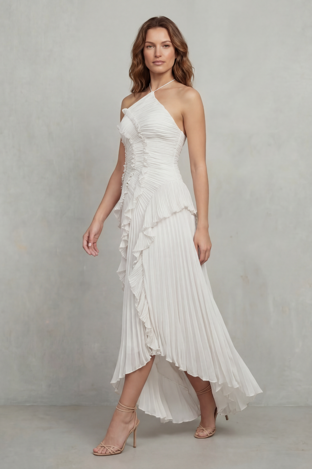 Damen Midi Kleid One-Shoulder Plissee - Image 8