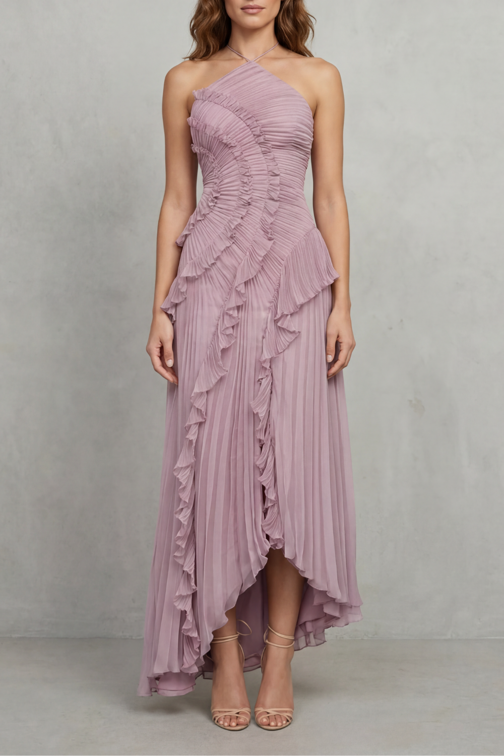 Damen Midi Kleid One-Shoulder Plissee