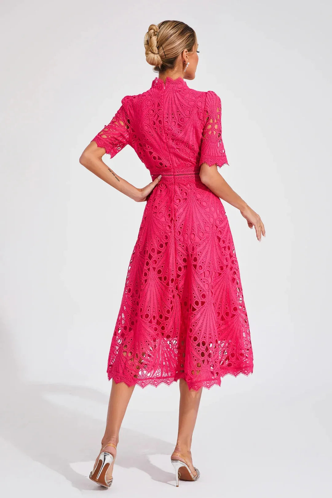 Damen Guipure Spitze Midikleid Hochgeschlossen A-Linie - Image 3