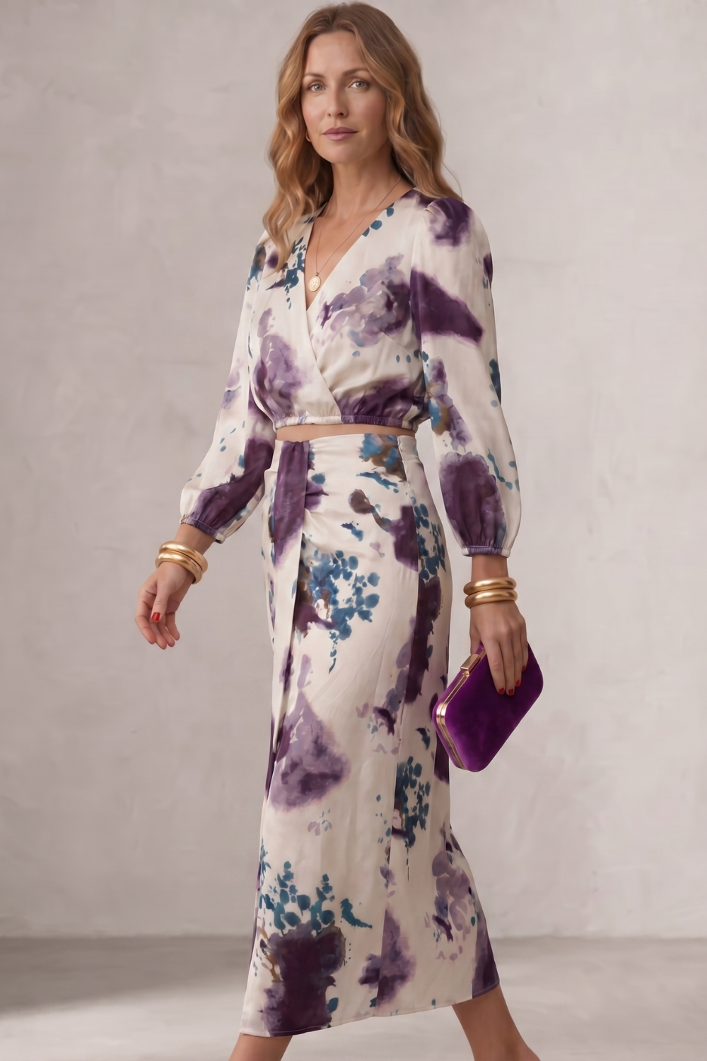 Damen Zweiteiler Set Aquarell Blumenmuster Bluse Maxirock - Image 3