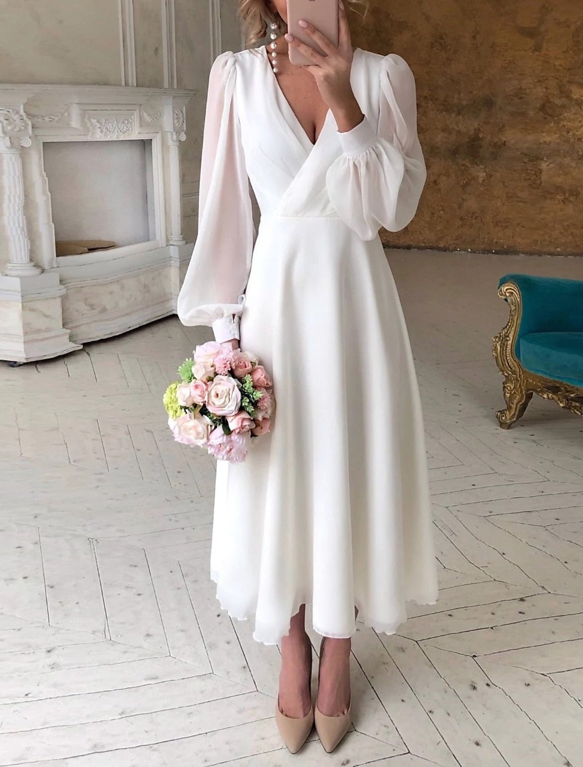 Damen Elegantes Brautkleid Midi Puffärmel