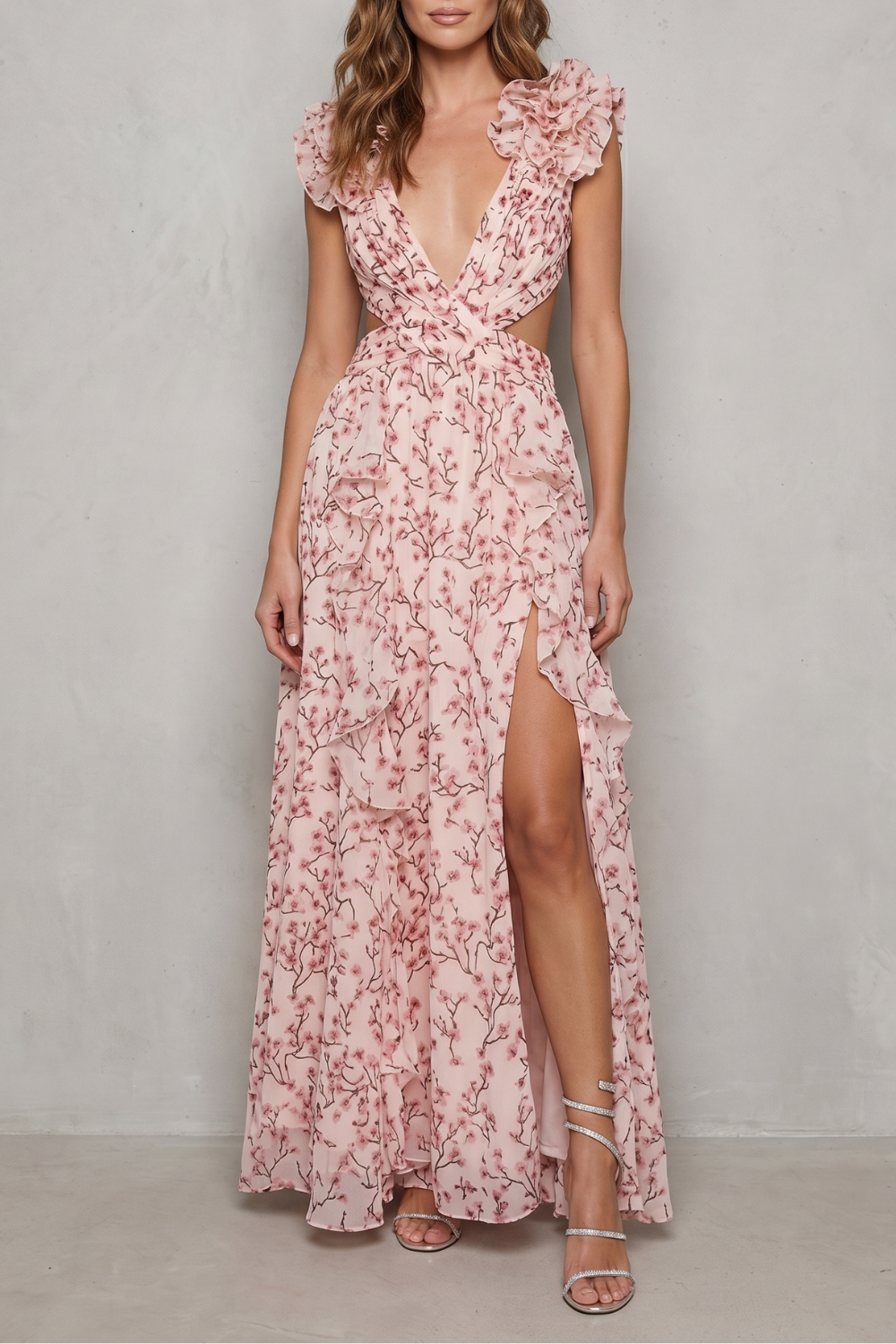Damen Chiffon Maxikleid Rüschen elegant