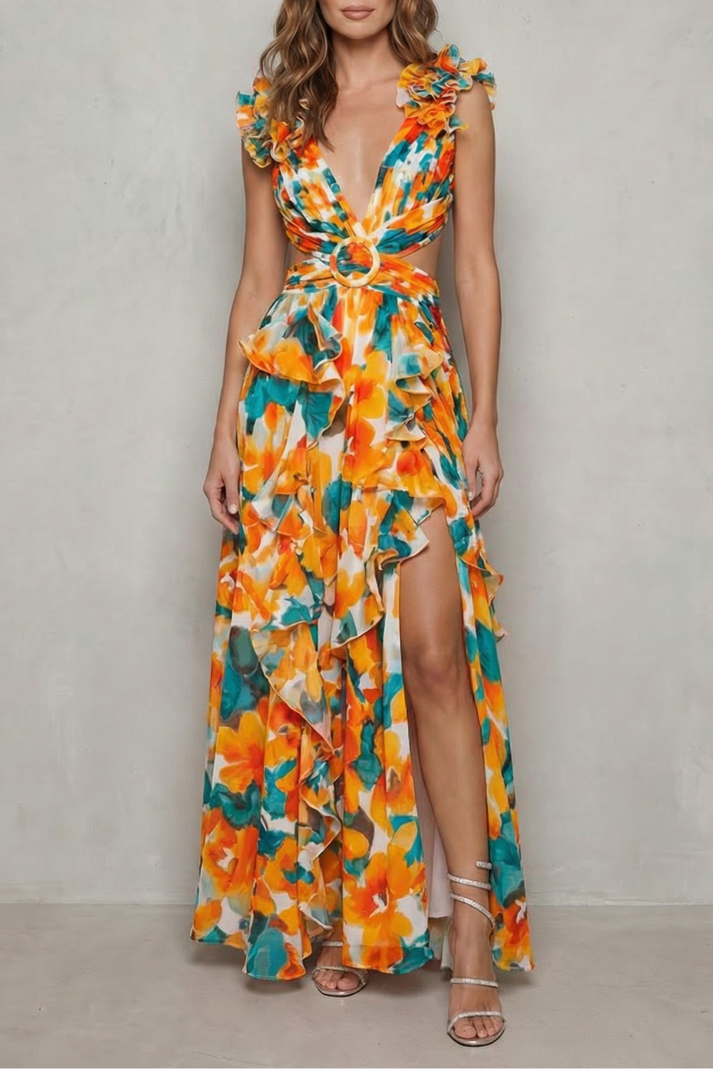 Damen Chiffon Maxikleid Rüschen elegant - Image 5