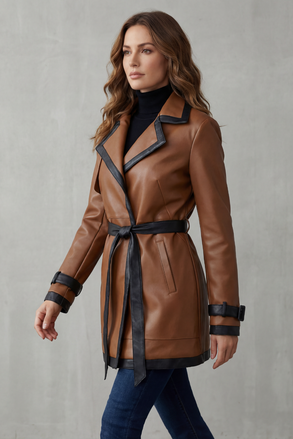 Damen Kunstleder Trenchcoat Kontrastbesatz Bindegürtel - Image 3