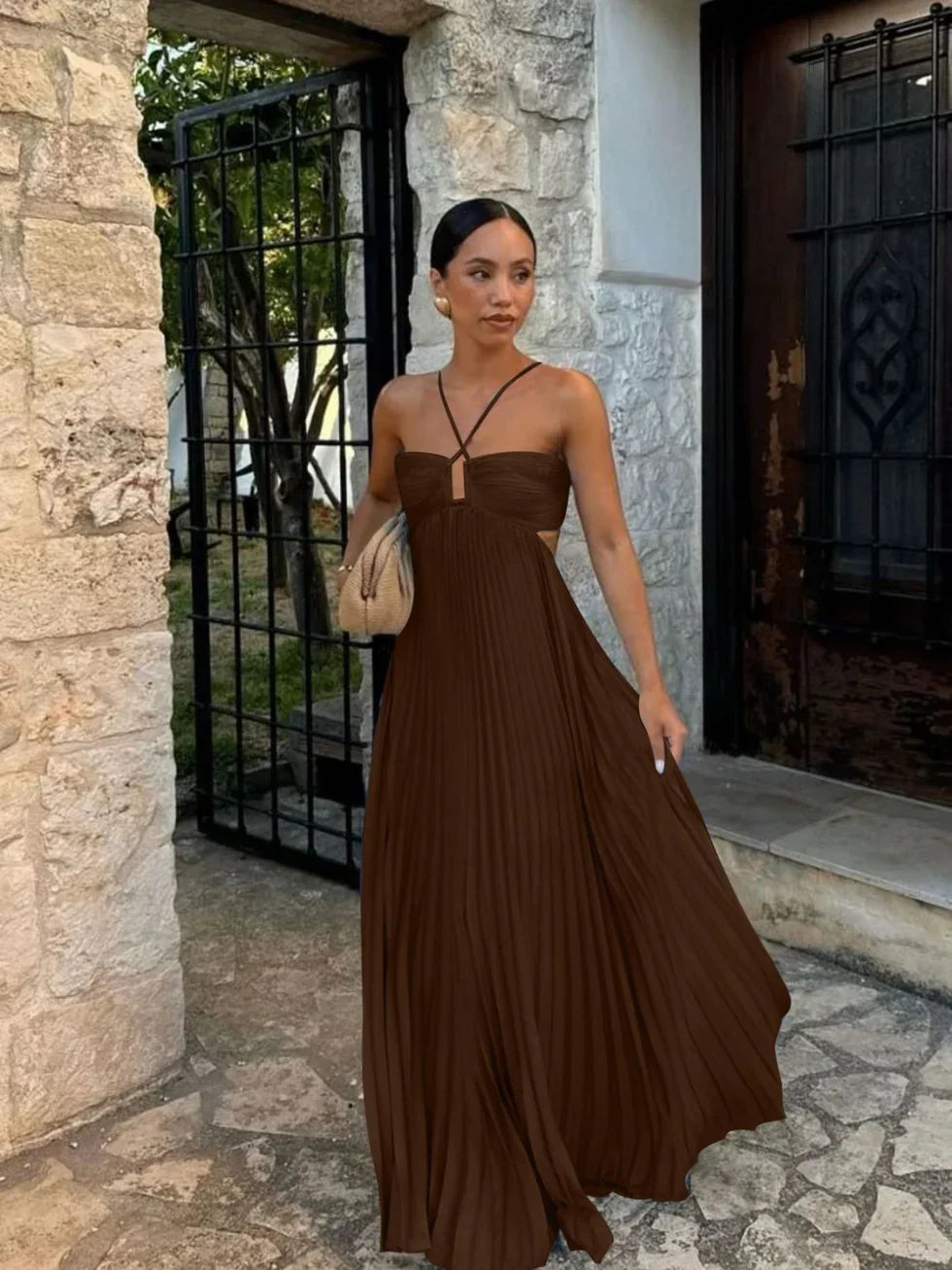 Damen Maxikleid Neckholder Plissiert Cut-outs Hohe Taille - Image 3