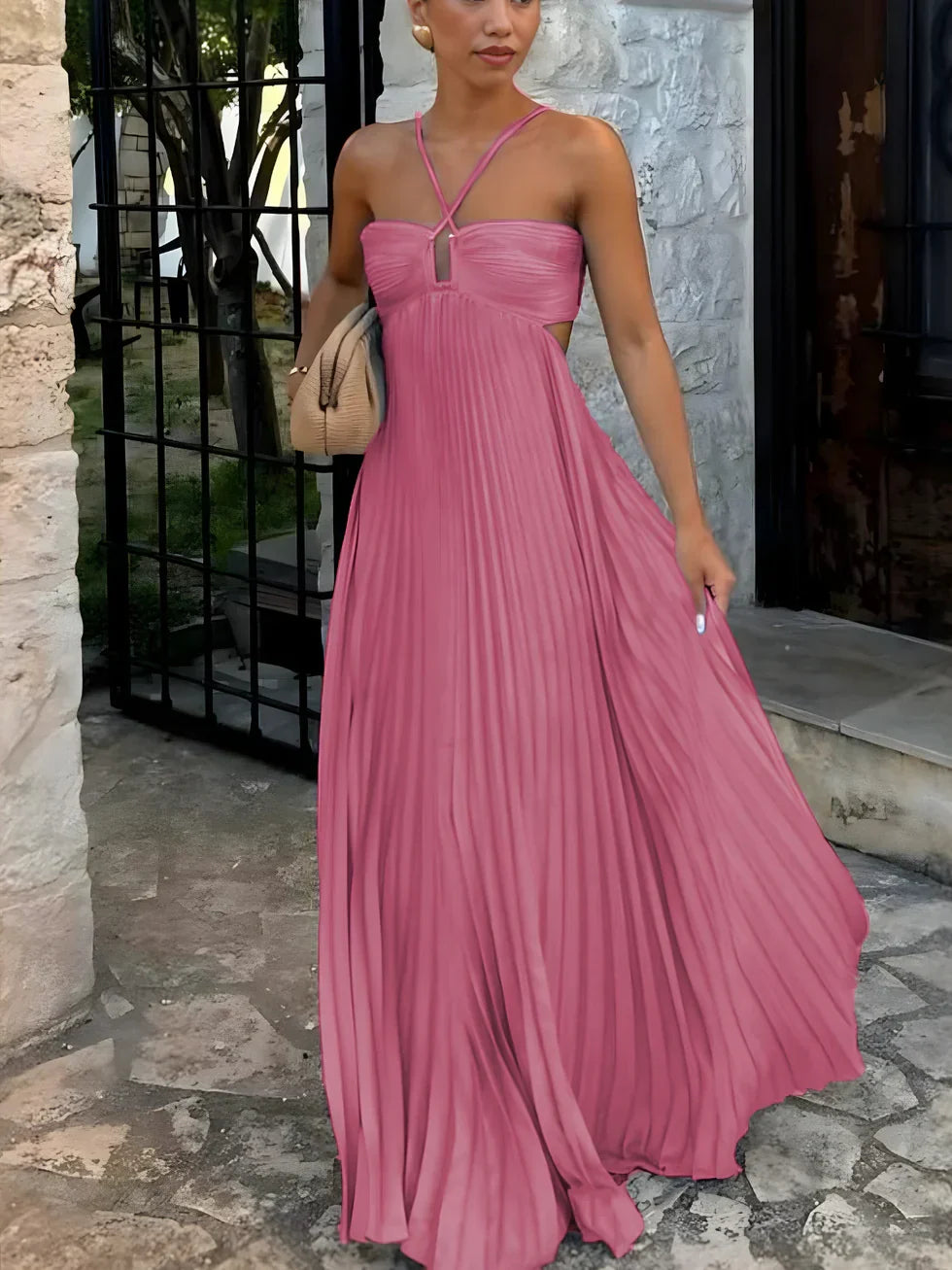Damen Maxikleid Neckholder Plissiert Cut-outs Hohe Taille - Image 4