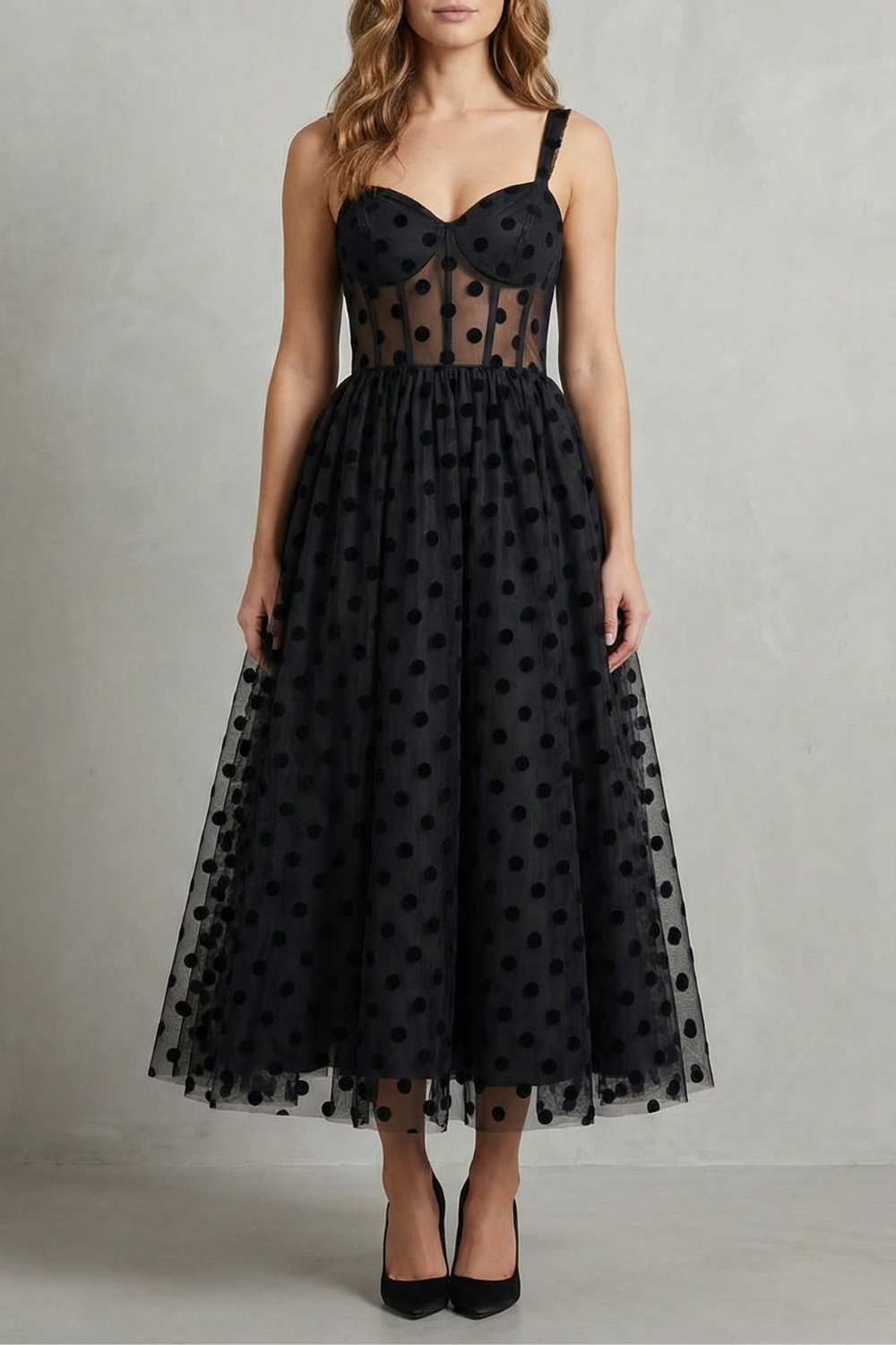 Damen Polka Dot Mesh Midi-Kleid Bustier