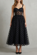 Vestido midi de malha com bolinhas e corpete para senhora