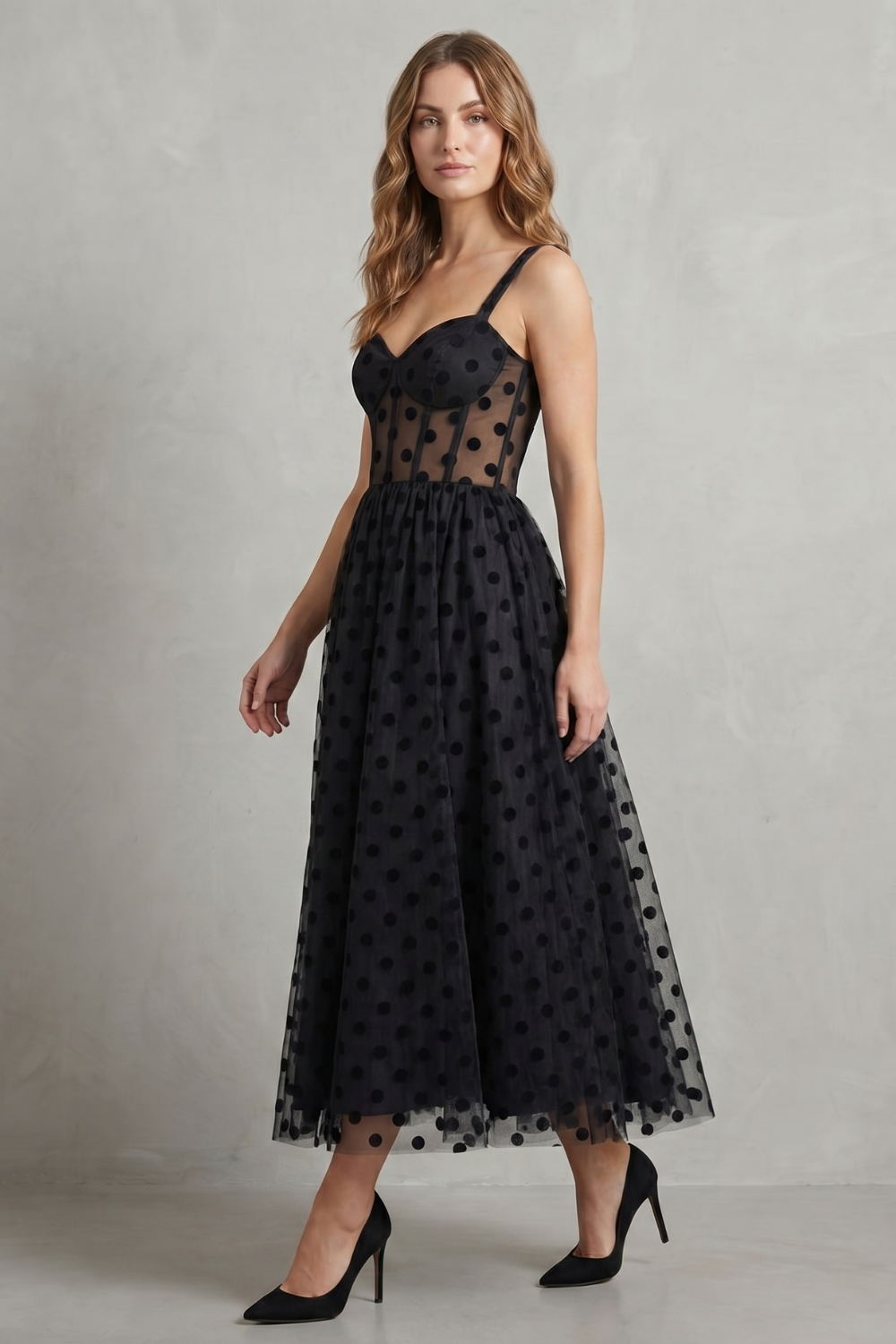 Damen Polka Dot Mesh Midi-Kleid Bustier - Image 3