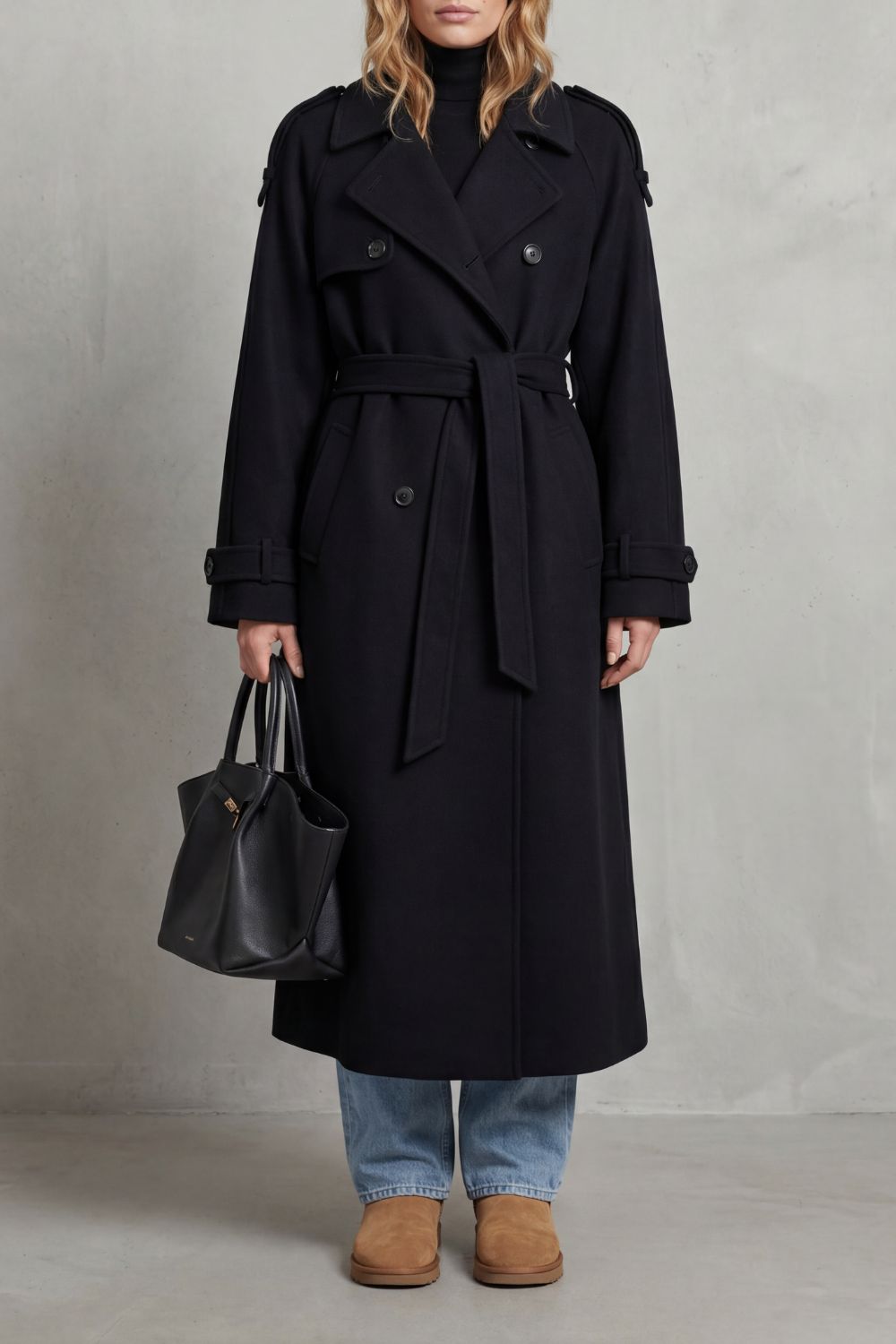 Damen Trenchcoat Schwarz Oversized Lang mit Gürtel