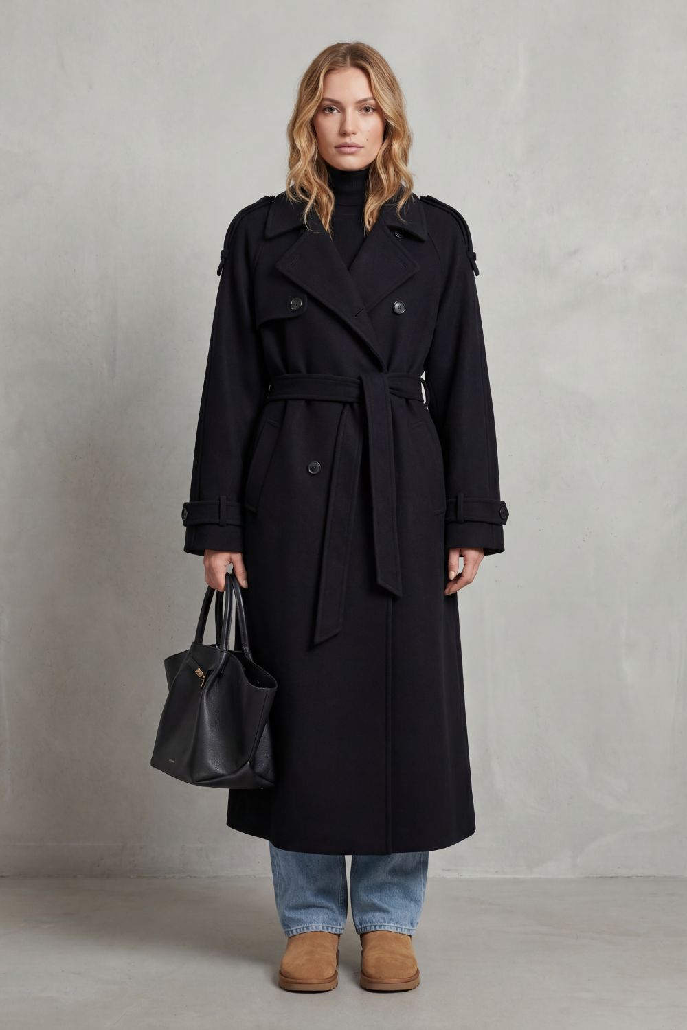 Damen Trenchcoat Schwarz Oversized Lang mit Gürtel - Image 2