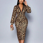 Aurevon - Vestido maxi com estampado de leopardo, mangas compridas e decote em V