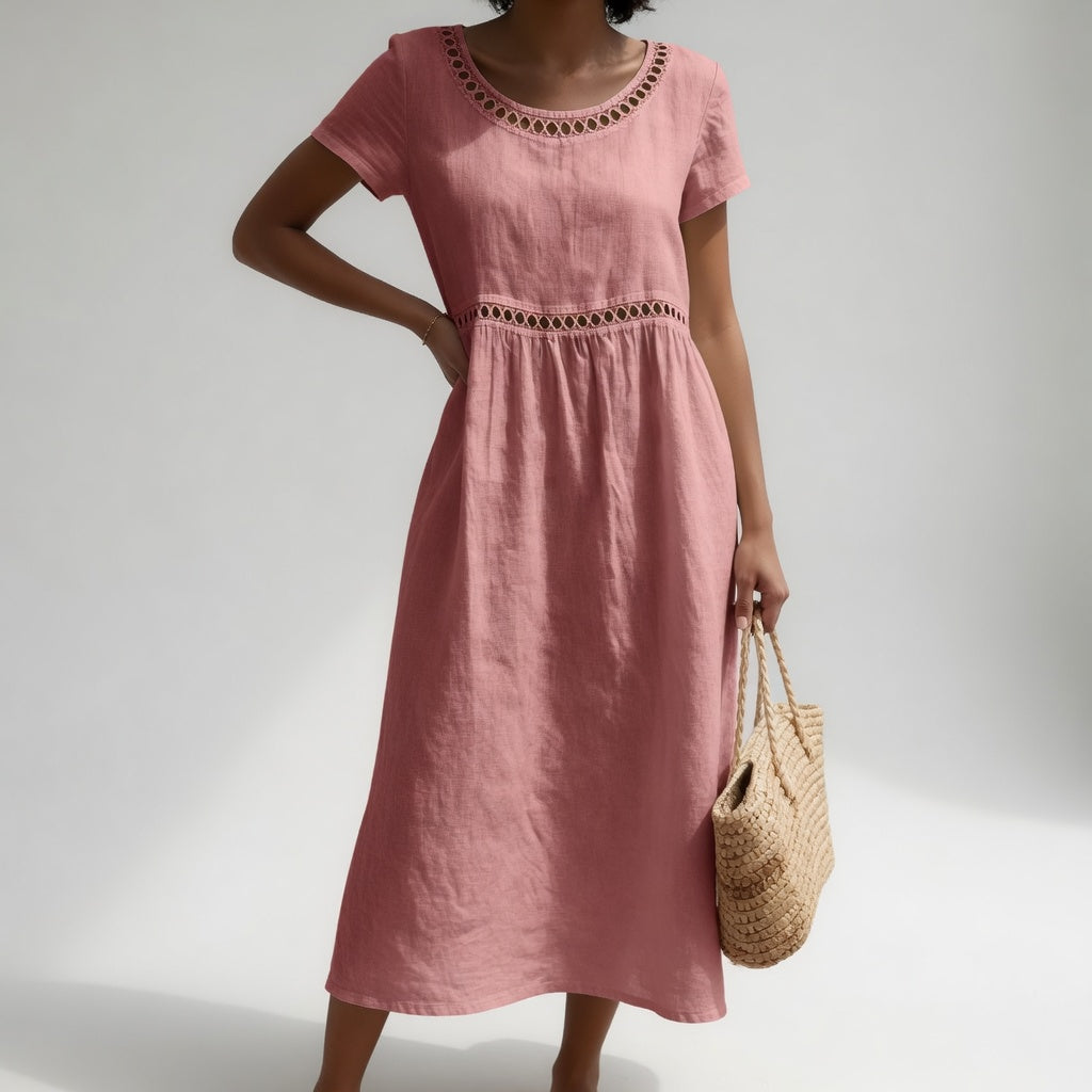 Damen Baumwoll Midikleid bestickt Kurzarm - Image 7