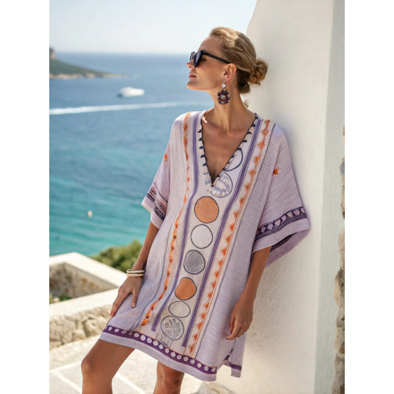 Damen Kaftan Kleid Baumwolle Leinen Besticktes Boho Sommerkleid - Image 10