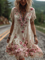 Damen Kleid Blumenstickerei V-Ausschnitt