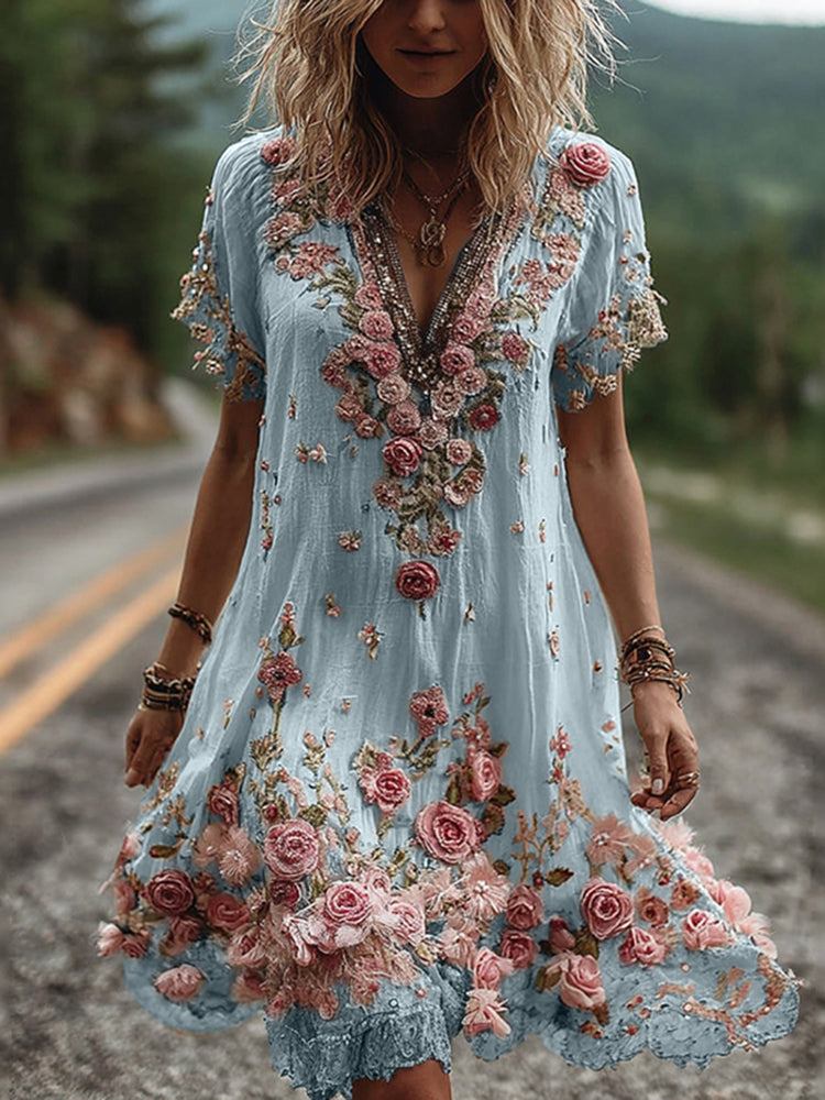 Women Floral Embroidered V-Neck Maxi Dress - Image 3