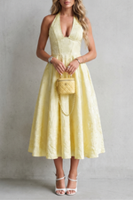 Robe midi pour femme à dos nu, motif floral, coupe trapèze