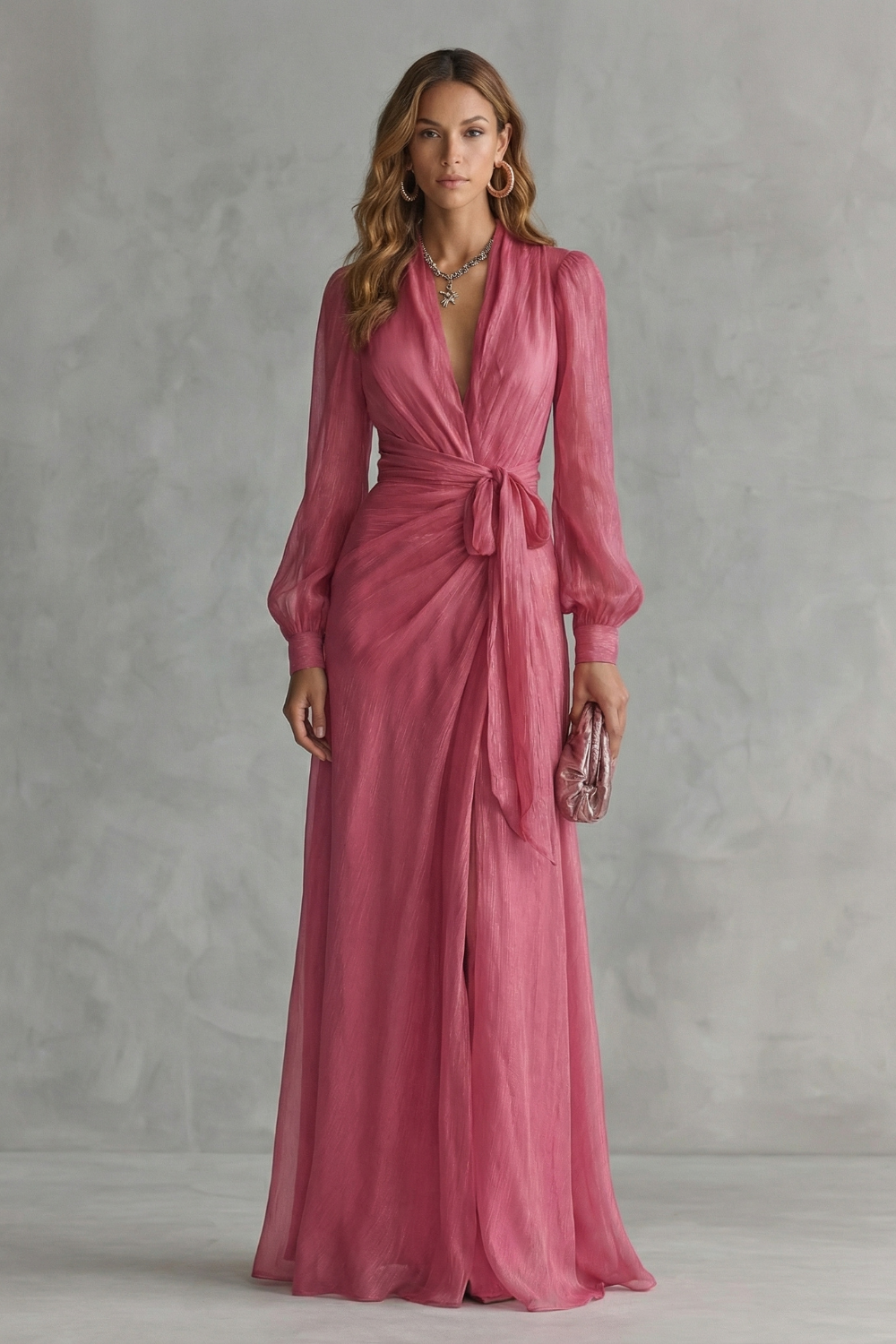 Chiffon Maxikleid Rosa Fließend V-Ausschnitt - Image 2