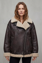 Damen Lammfellimitat Aviator Mantel mit Gürtel - Image 2