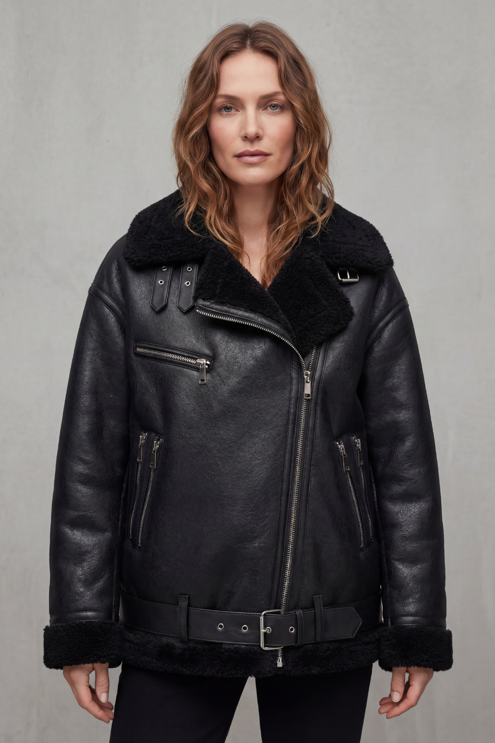 Damen Lammfellimitat Aviator Mantel mit Gürtel - Image 6