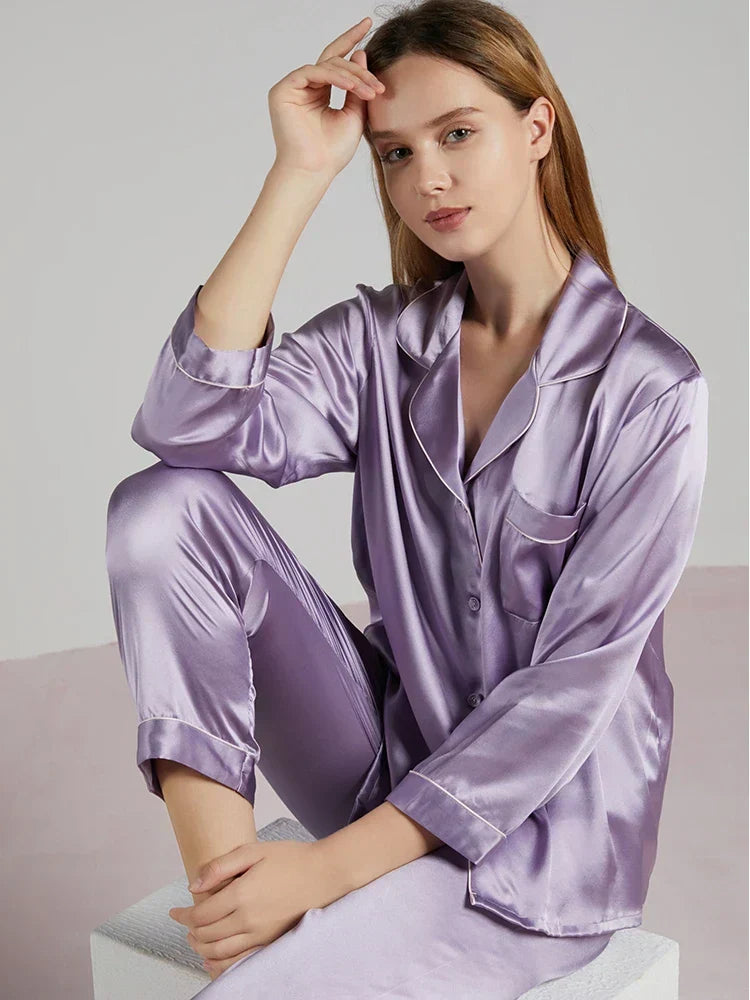 Damen Naturseide Pyjama Luxus Schlafanzug - Image 4