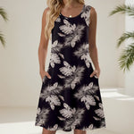 Vestido de verão curto para senhora com padrão floral, bolsos e sem mangas, vestido casual.
