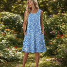 Damen Sommerkleid kurz Blumenmuster mit Taschen ärmelloses Freizeitkleid - Image 14