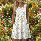Damen Sommerkleid kurz Blumenmuster mit Taschen ärmelloses Freizeitkleid - Image 17
