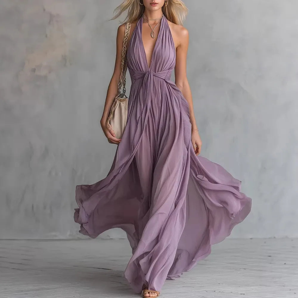 Damen Fließendes Neckholder Maxikleid V-Ausschnitt