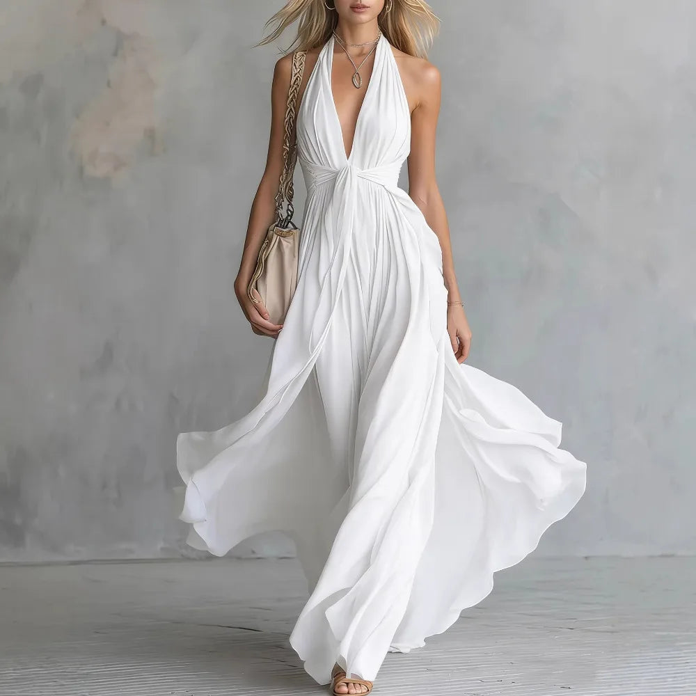 Damen Fließendes Neckholder Maxikleid V-Ausschnitt - Image 2