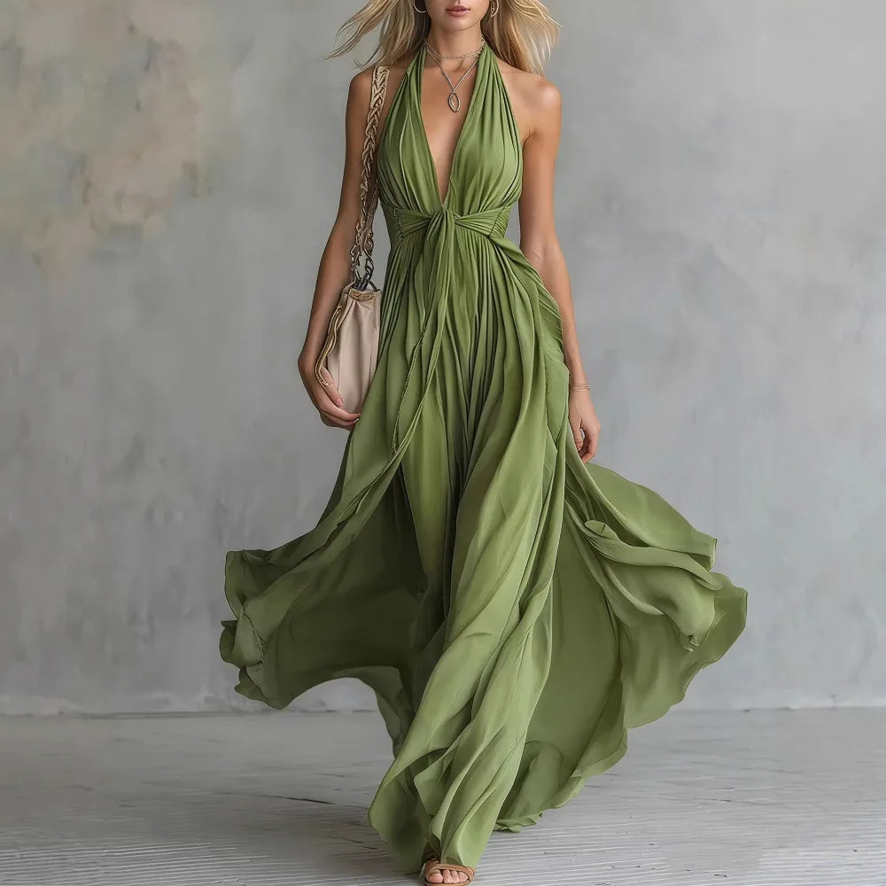 Damen Fließendes Neckholder Maxikleid V-Ausschnitt - Image 4