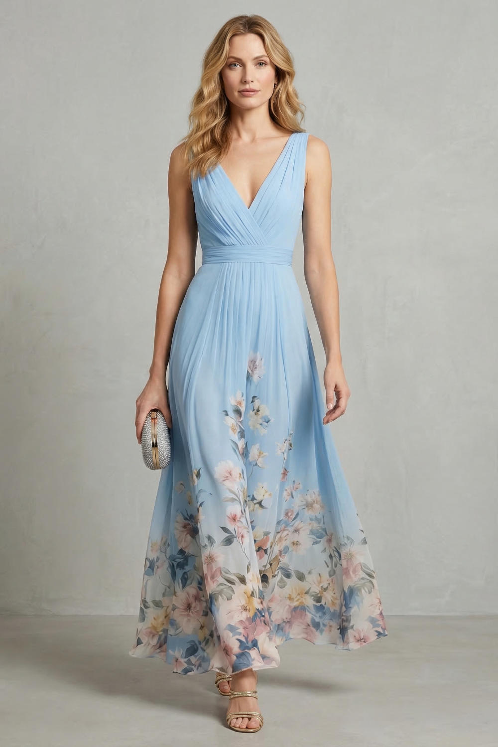 Florales Chiffon Maxikleid V-Ausschnitt Pastellfarben - Image 2