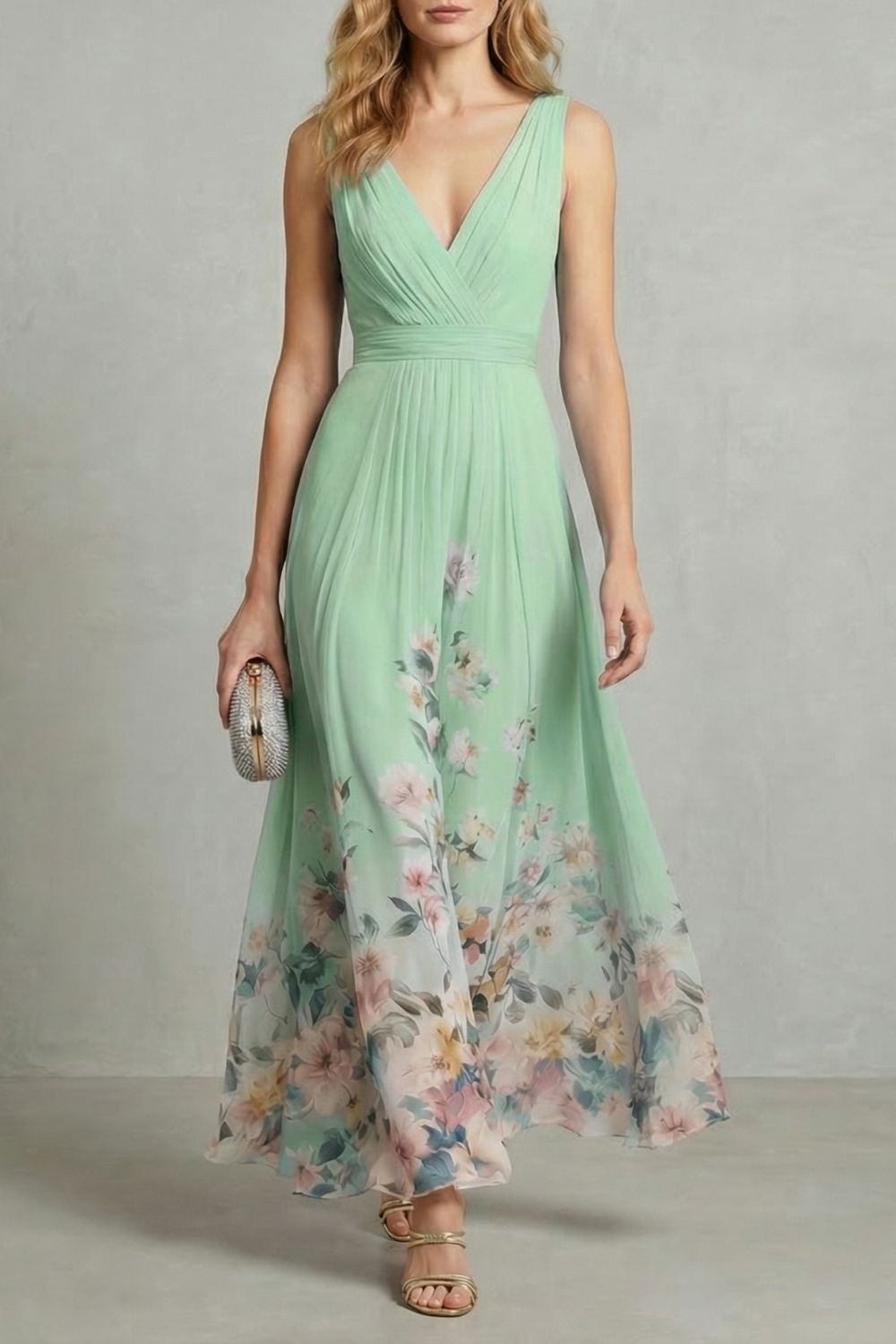 Florales Chiffon Maxikleid V-Ausschnitt Pastellfarben - Image 5
