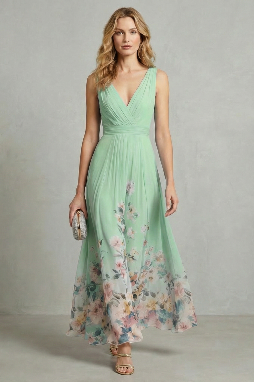 Florales Chiffon Maxikleid V-Ausschnitt Pastellfarben - Image 6