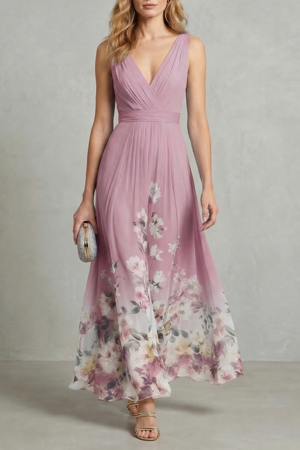 Florales Chiffon Maxikleid V-Ausschnitt Pastellfarben - Image 7