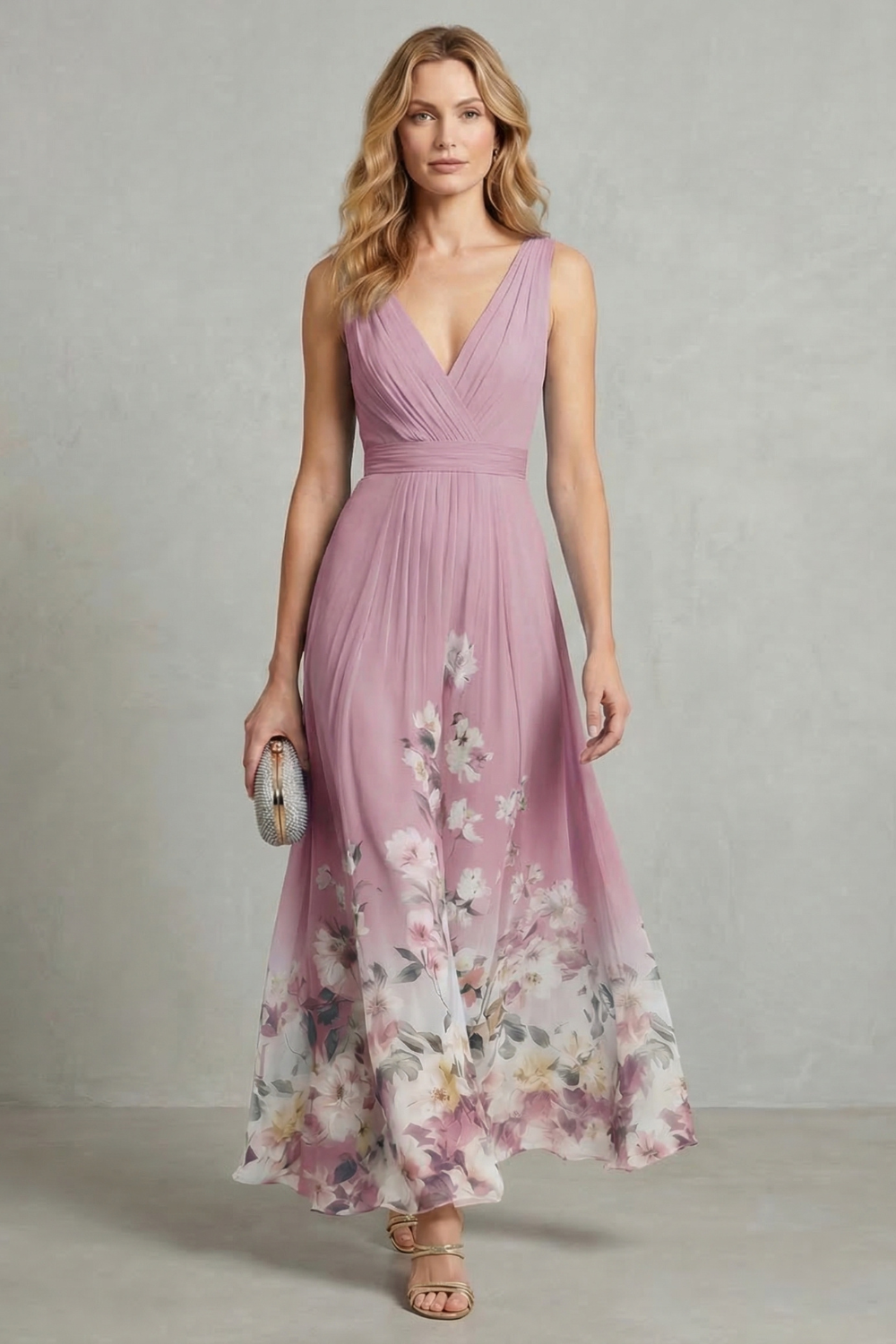Florales Chiffon Maxikleid V-Ausschnitt Pastellfarben - Image 8