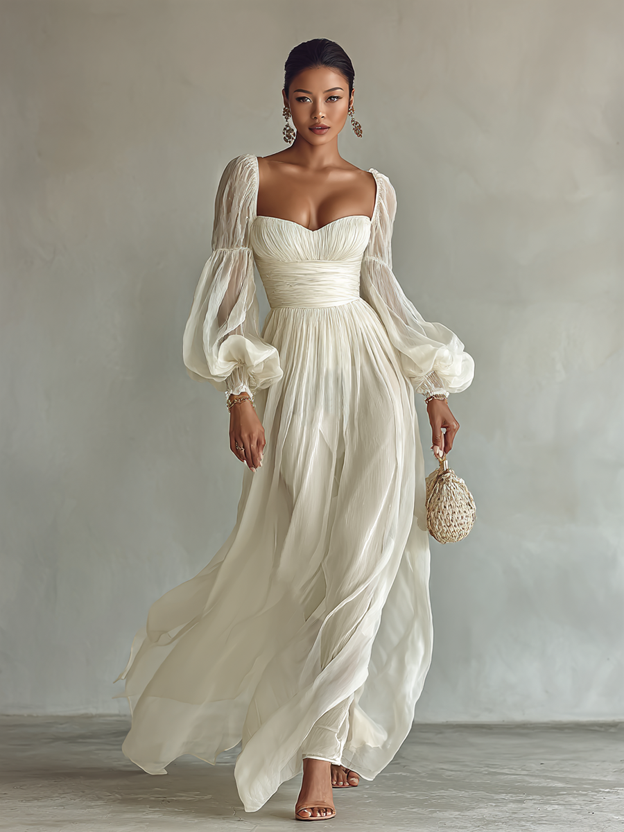 Damen Chiffon Maxikleid quadratischer Ausschnitt Langarm - Image 4