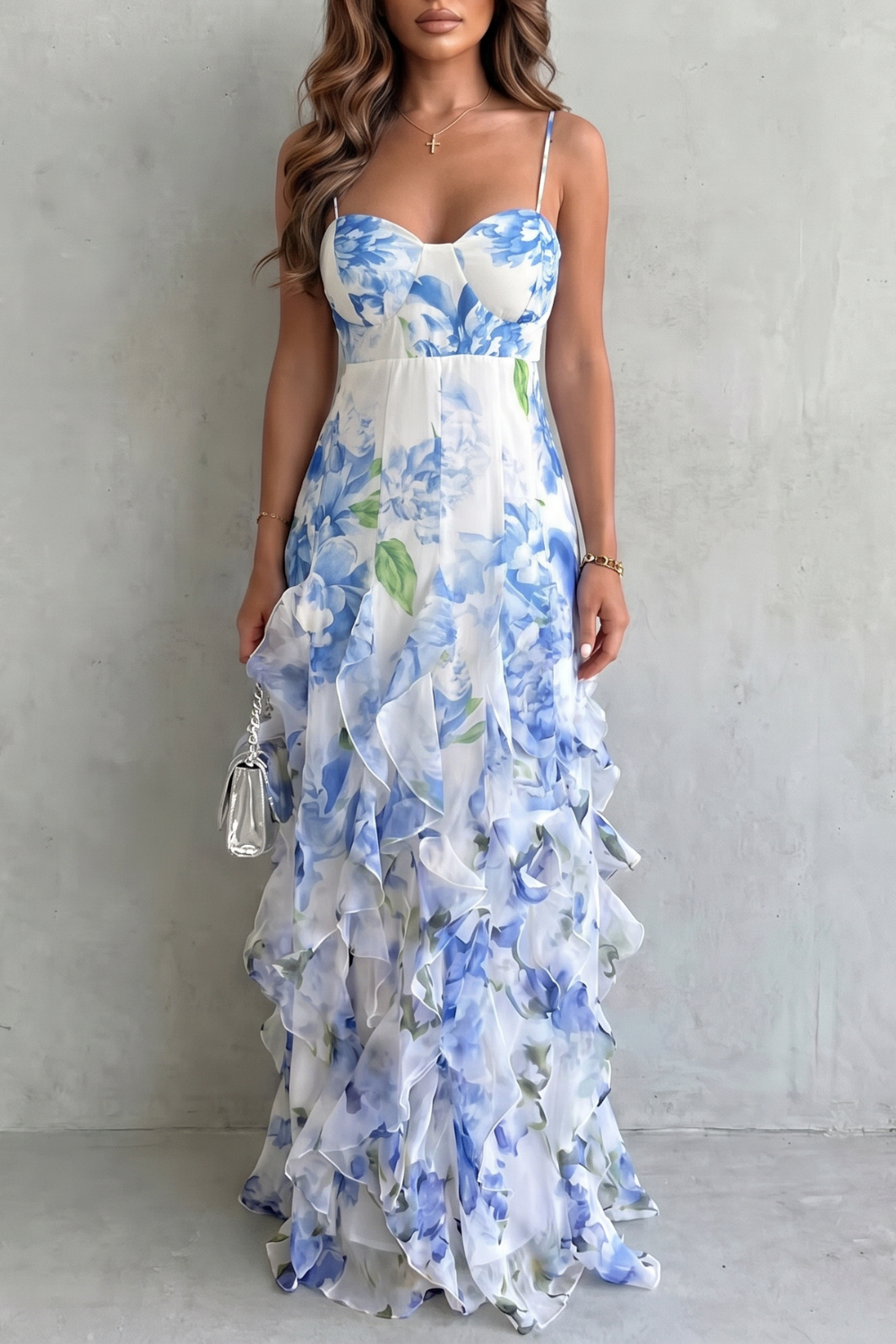 Damen Chiffon Rüschen Abendkleid Blumenmuster Maxi