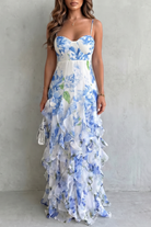 Damen Chiffon Rüschen Abendkleid Blumenmuster Maxi