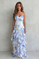 Damen Chiffon Rüschen Abendkleid Blumenmuster Maxi - Image 2